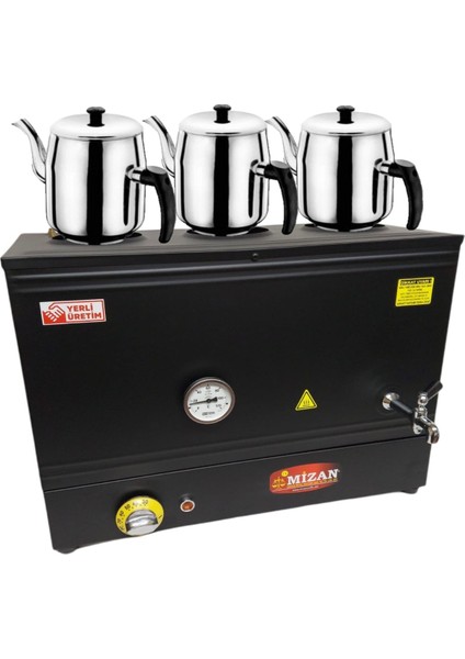 Üç Demlikli 40 Lt. Pleytsiz Çay Kazanı - Elektrikli Siyah Kahveci Ocağı + Demlik