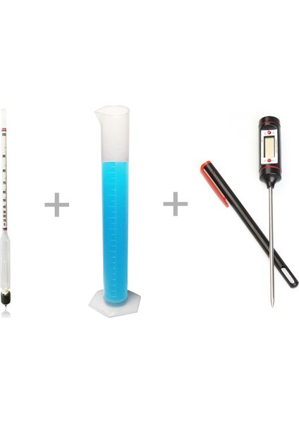 0-100 Uzun Form Alkolmetre, 250ML Mezür ve Wt-1 Dijital Termometre Seti