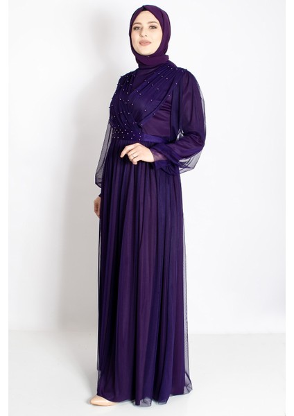 Inci Taş Detaylı Tül Abiye Mor FHM830 modelleri