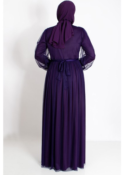 Inci Taş Detaylı Tül Abiye Mor FHM830 indirimleri