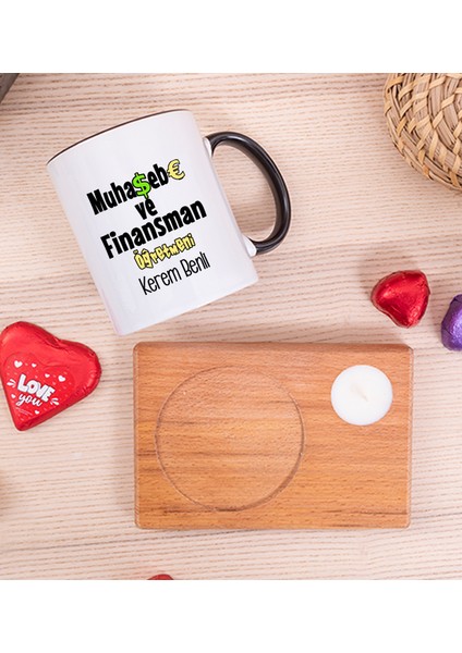 Kişiye Özel Muhasebe ve Finansman Öğretmeni Ahşap Altlıklı Mumlu Siyah Kupa Bardak fiyatları