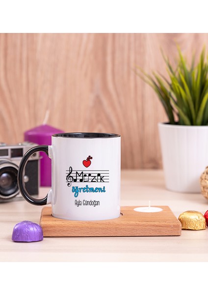 Kişiye Özel Müzik Öğretmeni Ahşap Altlıklı Mumlu Siyah Kupa Bardak