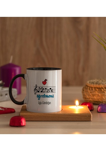 Kişiye Özel Müzik Öğretmeni Ahşap Altlıklı Mumlu Siyah Kupa Bardak modelleri