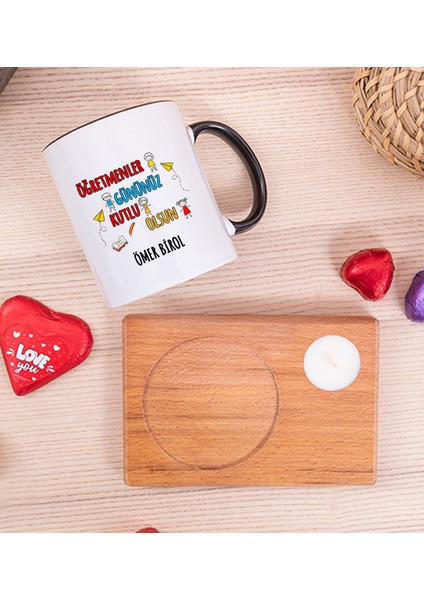 Kişiye Özel Öğretmenler Günü Ahşap Altlıklı Mumlu Siyah Kupa Bardak fiyatları