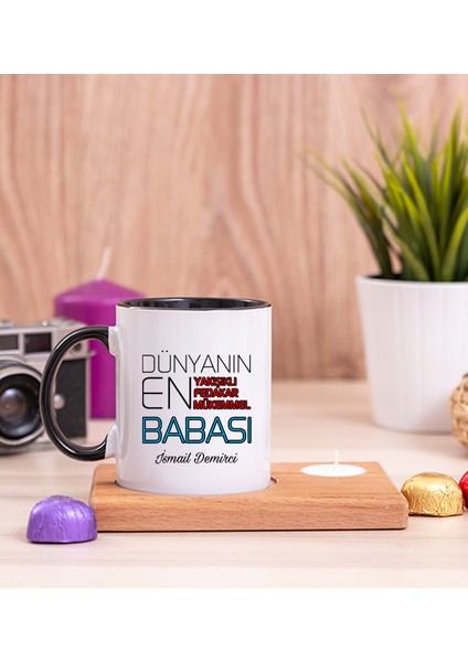 Kişiye Özel Dünyanın En İyi Babası Ahşap Altlıklı Mumlu Siyah Kupa Bardak