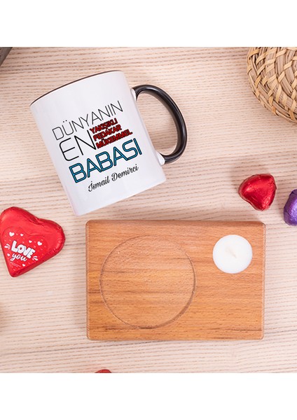 Kişiye Özel Dünyanın En İyi Babası Ahşap Altlıklı Mumlu Siyah Kupa Bardak