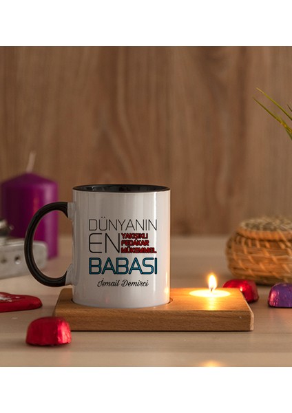 Kişiye Özel Dünyanın En İyi Babası Ahşap Altlıklı Mumlu Siyah Kupa Bardak