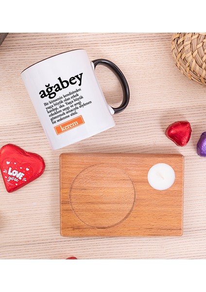 Kişiye Özel Ağabey Kelime Anlamı Ahşap Altlıklı Mumlu Siyah Kupa Bardak fiyatları