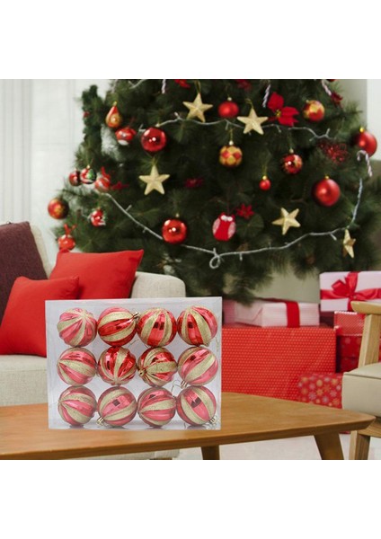 12 Adet Noel Top Hediye Kutusu Düğün 8 cm Glitter Topu Asılı Kolye Kırmızı Asılı