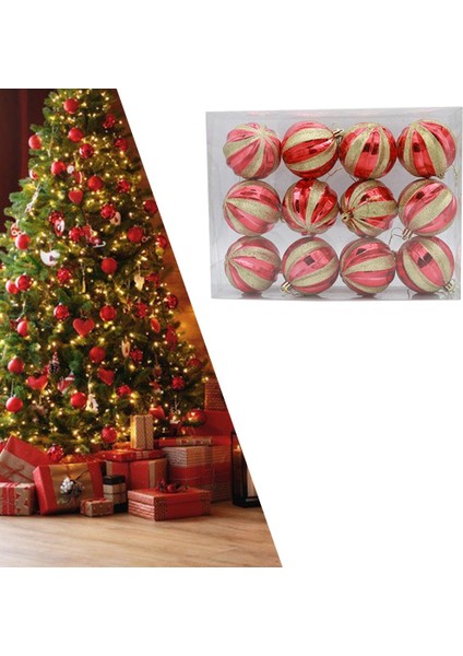 12 Adet Noel Top Hediye Kutusu Düğün 8 cm Glitter Topu Asılı Kolye Kırmızı Asılı