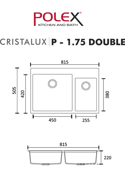 Cristalüx Granit Evye P-1,75 Antrasit 1,5 Gözlü Tezgah Altı Ve Tezgah Üstü Mutfak Evyesi 81x50,5cm