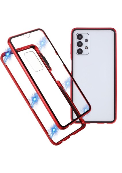 Galaxy A32 5G/M32 5g Için Manyetik Metal Çerçeve + Çift Taraflı Temperli Cam Telefon Kılıfı - Kırmızı (Yurt Dışından)