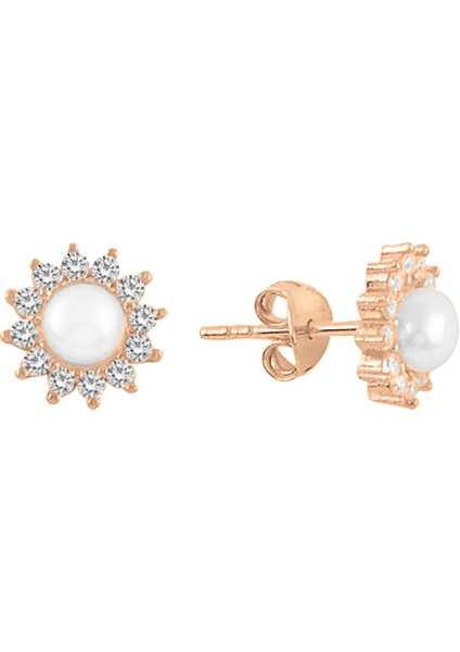 Rose Gümüş Çiçek Inci Küpe