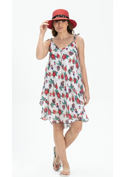 Askılı Vual Afrodit Kısa Yazlık Elbise Beyaz 6081