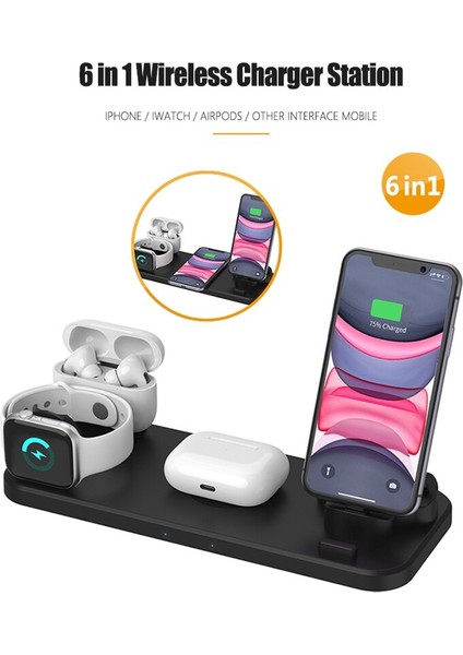 6 In 1 Kablosuz Şarj Standı Cep Telefonu Hızlı Şarj Dock Mikro USB Tipi iphone Iwatch Için 5 4 3 Aırpods Kablosuz Şarj (Yurt Dışından)