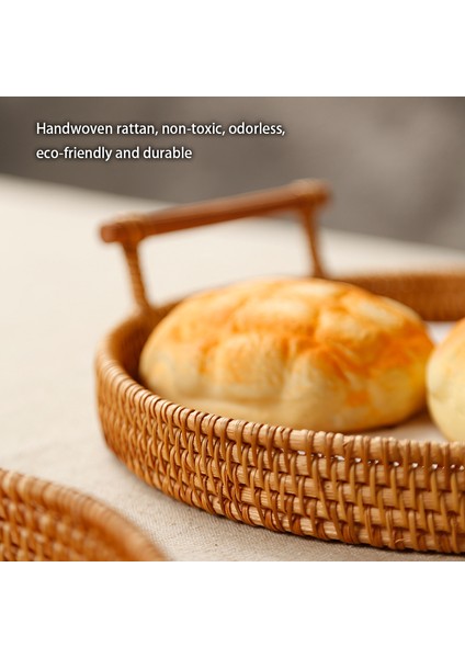 Handwoven Rattan Depolama Tepsisi Ahşap Saplı Yuvarlak Hasır Sepet Ekmek Gıda Plakası Meyve Kek Tabağı Yemeği Servis Tepsisi | Depolama Sepetleri (Yurt Dışından) fiyatları