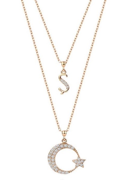 Çift Zincirli Harfli Ay Yıldız Gümüş Rose Kolye GMS1912