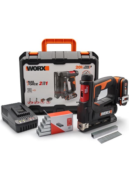 WX843 20VOLT/2.0AH. Li-Ion Şarjlı Profesyonel 6-14MM Zımba ve 15MM Çivi Çakma + 3500 Adet Yedek Zımba ve Çivi