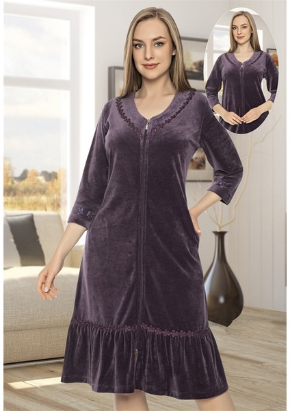 Fermuarlı Pile Detaylı Mor Kadife Elbise