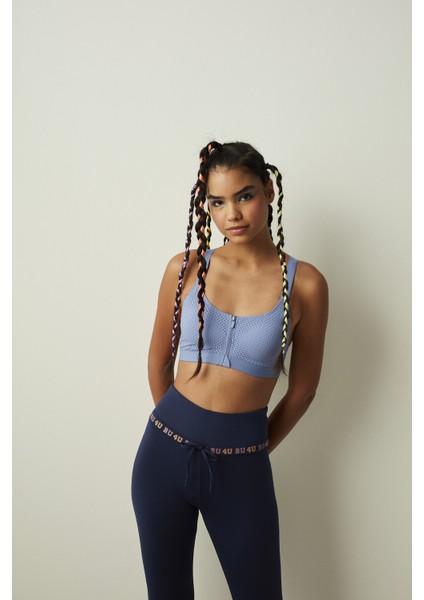 Mavi Zip Front Spor Sütyeni
