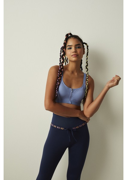 Mavi Zip Front Spor Sütyeni