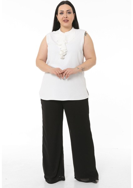 Büyük Beden Beli Lastikli Astarlı Bol Paça Şifon Siyah Pantolon fiyatları