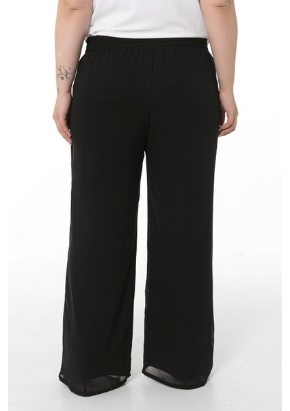 Büyük Beden Beli Lastikli Astarlı Bol Paça Şifon Siyah Pantolon modelleri