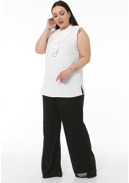 Büyük Beden Beli Lastikli Astarlı Bol Paça Şifon Siyah Pantolon fırsatları