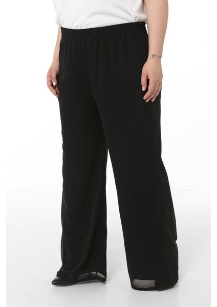 Büyük Beden Beli Lastikli Astarlı Bol Paça Şifon Siyah Pantolon indirimleri