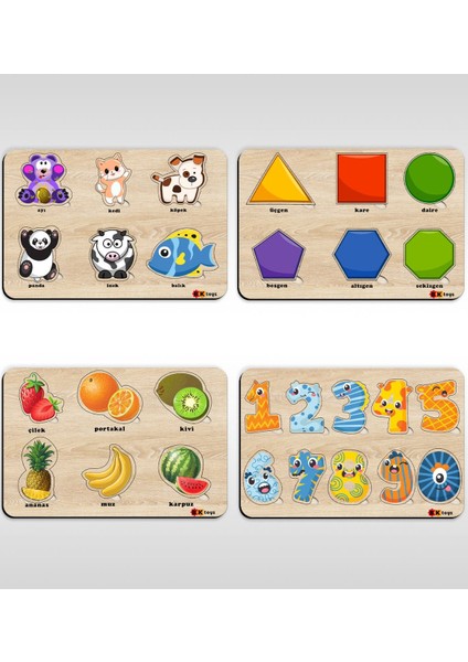 Toys Çocuklar Için 4’lü Ahşap Figürlü Eğitici-Öğretici Yapboz Puzzle-1