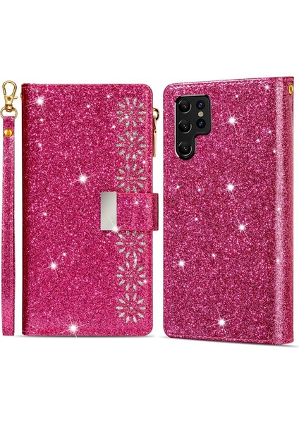 Galaxy S22 Ultra 5g Için Kayışlı Simli Manyetik Kapaklı Telefon Kılıfı - Koyu Pembe (Yurt Dışından)