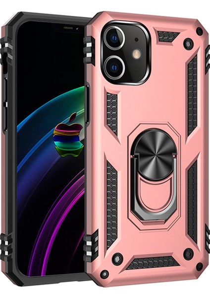 Apple iPhone 12 Kapak Military Yüzüklü Stantlı Panzer Tank Kılıf - Rose Gold
