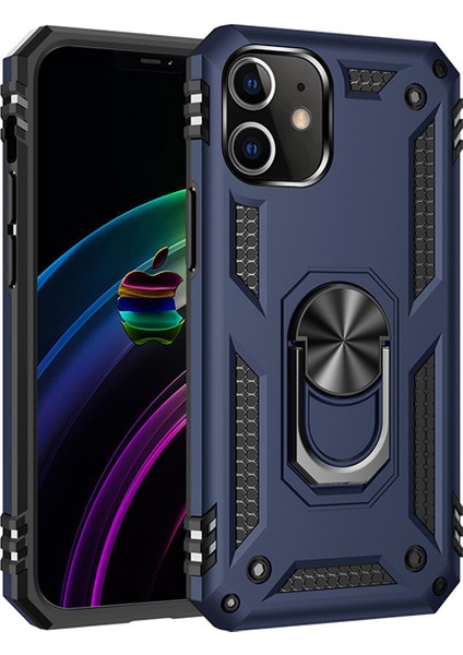 Apple iPhone 12 Kapak Military Yüzüklü Stantlı Panzer Tank Kılıf - Lacivert