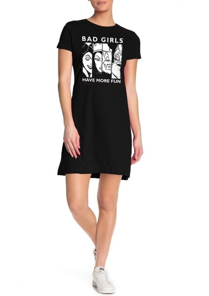 Eğlenceli Kadınlar Siyah Kısa Kollu Kadın T-Shirt Elbise