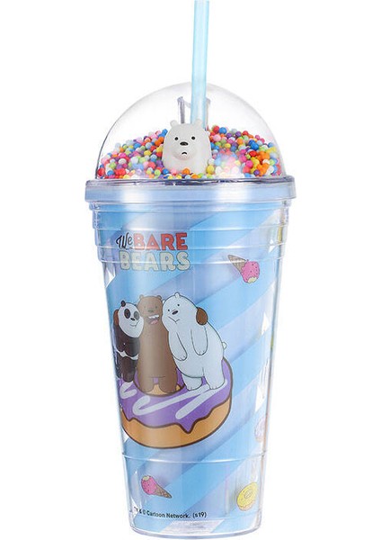 We Bare Bears Boncuklu Pipetli Plastik Şişe 480 ml Mavi