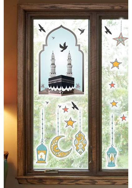 Hoşgeldin Ramazan Cam Duvar Sticker - Kabe Kuşlar ve Fener Figürlü Duvar Cam Sticker