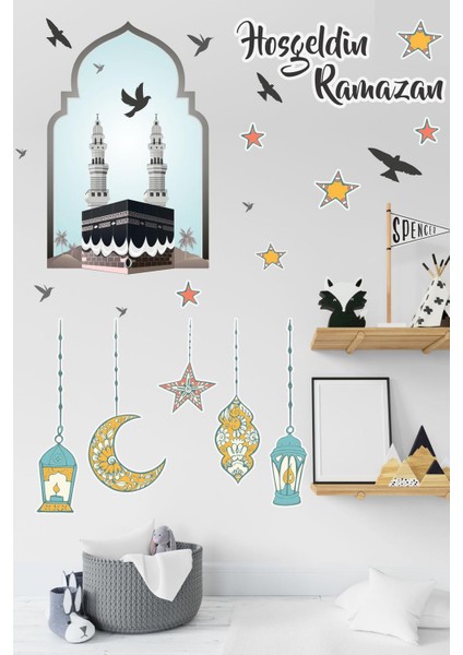 Hoşgeldin Ramazan Cam Duvar Sticker - Kabe Kuşlar ve Fener Figürlü Duvar Cam Sticker