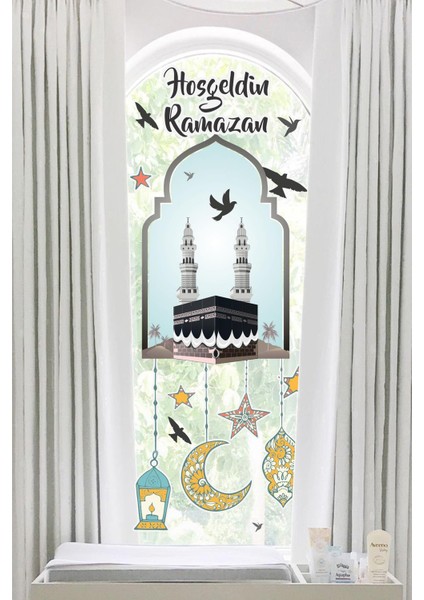 Hoşgeldin Ramazan Cam Duvar Sticker - Kabe Kuşlar ve Fener Figürlü Duvar Cam Sticker