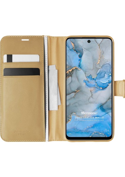 General Mobile Gm 22 Pro Kılıf Delux Leather Wallet Gold