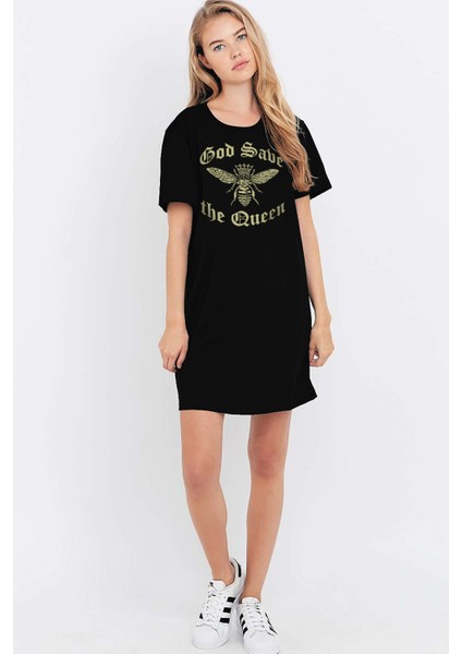 Kraliçe Arı Siyah Kısa Kollu Kadın T-Shirt Elbise