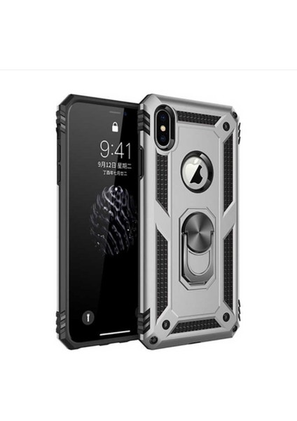 Apple iPhone Xs Kapak Military Yüzüklü Stantlı Panzer Tank Kılıf - Gri