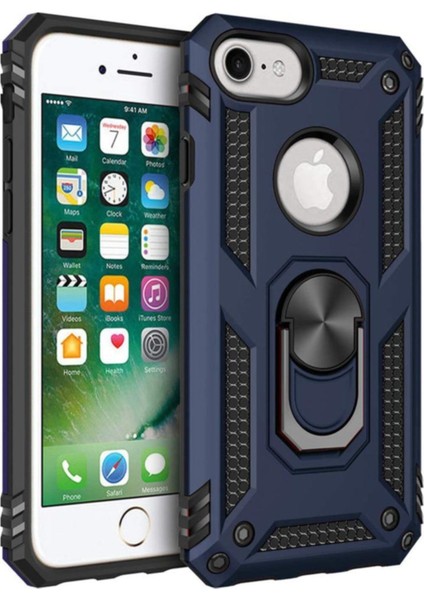 Apple iPhone 8 Kapak Military Yüzüklü Stantlı Panzer Tank Kılıf - Lacivert