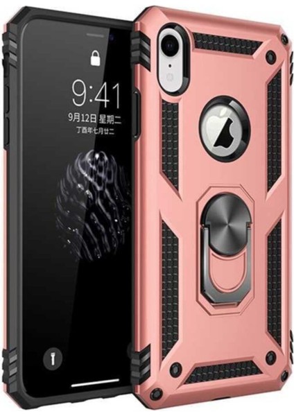 Apple iPhone Xr Kapak Military Yüzüklü Stantlı Panzer Tank Kılıf - Rose Gold