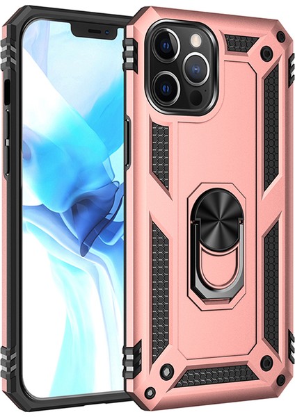 Apple iPhone 12 Pro Max Kapak Military Yüzüklü Stantlı Panzer Tank Kılıf - Rose Gold