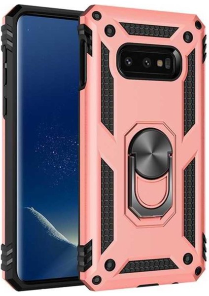 Samsung Galaxy S10E Kapak Military Yüzüklü Stantlı Panzer Tank Kılıf - Rose Gold