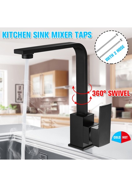 Siyah Mutfak Banyo Lavabo Bataryası Muslukları Kare 360 Derece Döner Borulu Musluk
