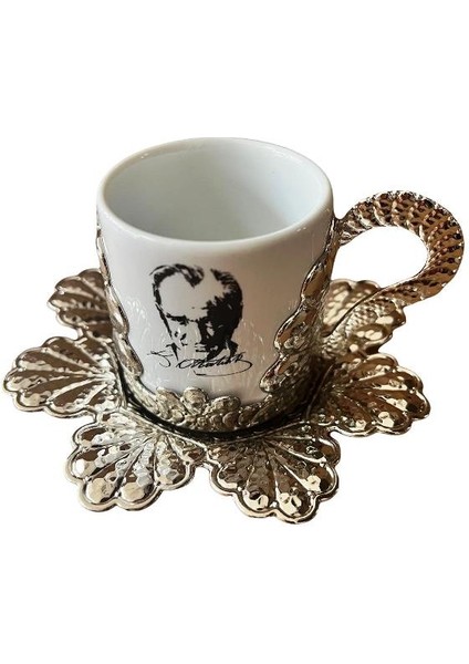 Türk Kahvesi Fincan Takımı 6 Kişilik Fincan Metal Döküm Baskılı Hediyelik Gümüş Renk Atatürk