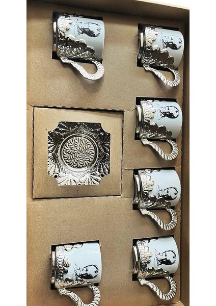Türk Kahvesi Fincan Takımı 6 Kişilik Fincan Metal Döküm Baskılı Hediyelik Gümüş Renk Atatürk