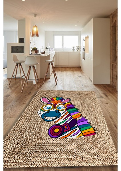 Renkli Zebra Desenli Jüt Halı (Makinada Yıkanabilir Kaymaz Dot Taban) - CP1266