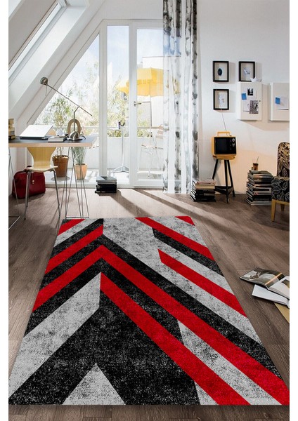 Kırmızı Geometrik Desenli Halı (Makinada Yıkanabilir Kaymaz Dot Taban) - CP1285